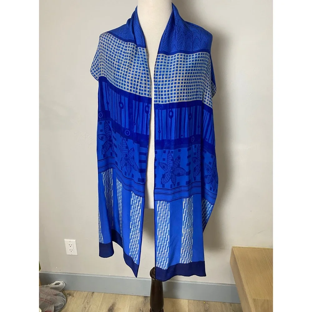 Vintage Blue Silk Scarf Geometric Floral Pattern Rectangular Wrap Shawl